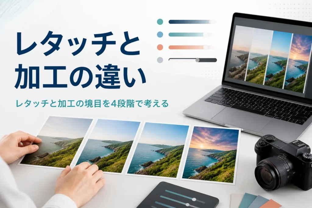 レタッチと加工の違いを紹介する記事のアイキャッチ。手の入れ方が少しずつ違う4枚の風景写真のプリント