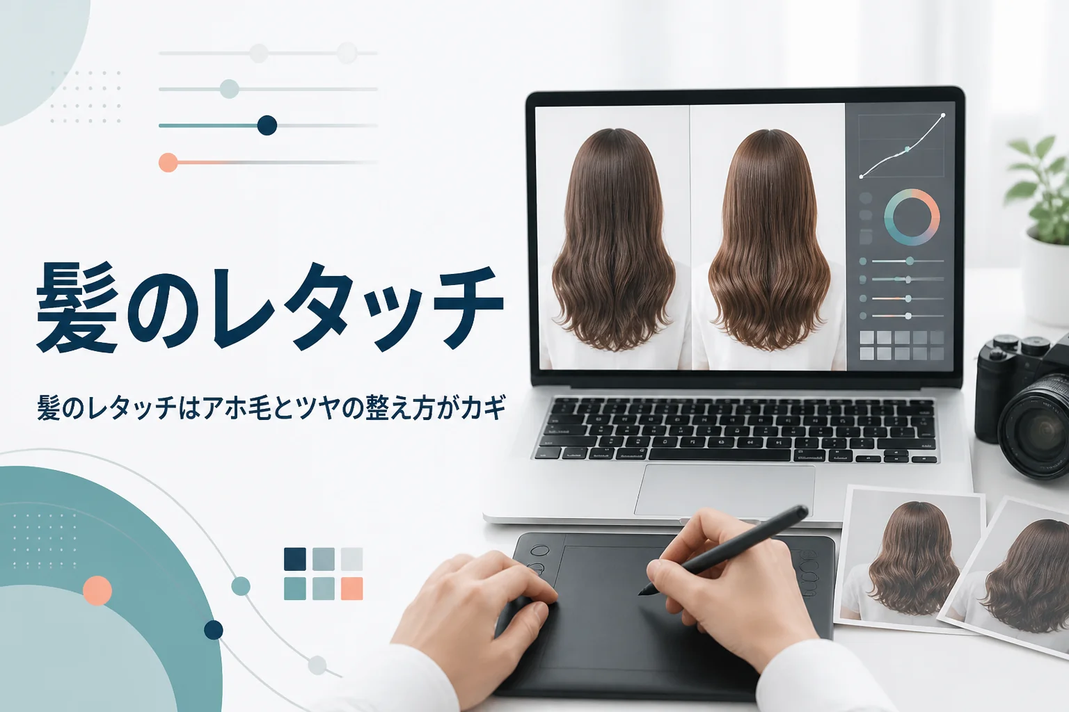 髪のレタッチの方法を紹介する記事のアイキャッチ。ペンタブレットで後ろ姿の人物写真の髪を補正している手元