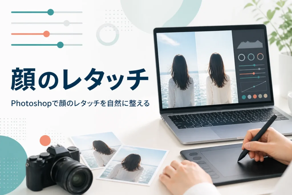 Photoshopで顔のレタッチをする方法を紹介する記事のアイキャッチ。ペンタブレットで人物写真を補正している手元