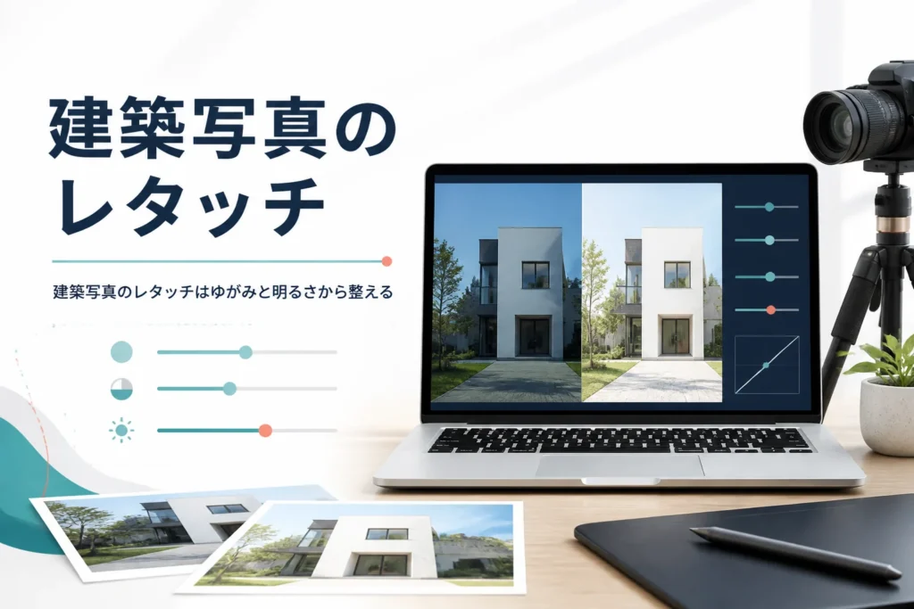 建築写真のレタッチを紹介する記事のアイキャッチ。住宅の写真を表示したノートパソコンとカメラ