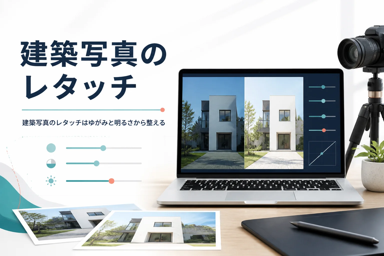 建築写真のレタッチを紹介する記事のアイキャッチ。住宅の写真を表示したノートパソコンとカメラ