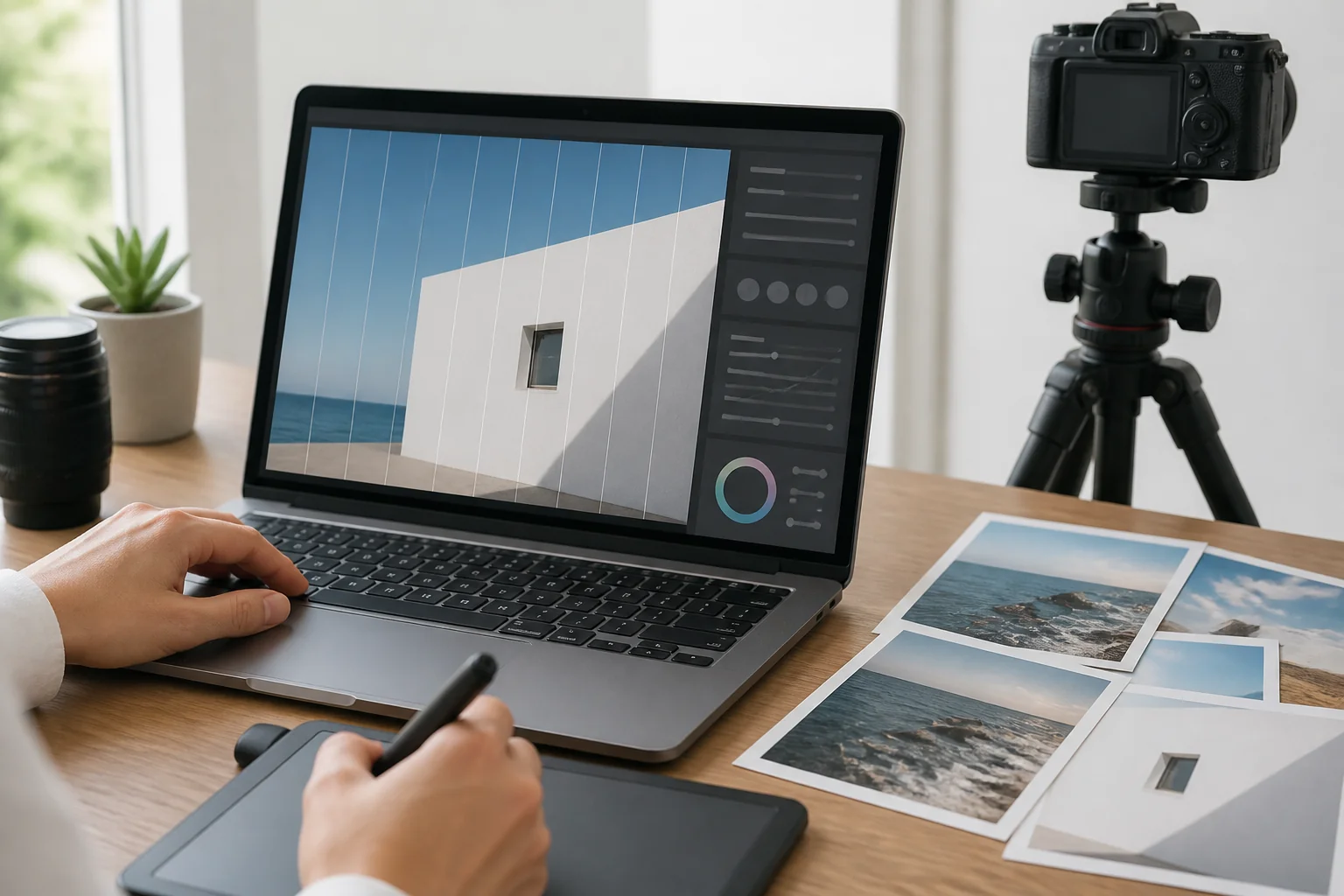 三脚に載せたカメラで建物を撮り、ノートパソコンで建築写真の傾きを整えている作業机の写真