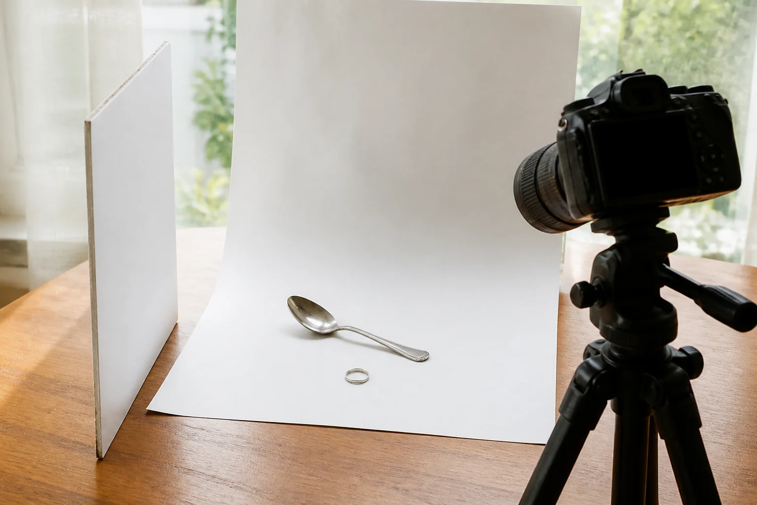 金属の商品を白い背景紙の上で物撮りしている机の様子。レタッチの前に映り込みを減らす置き方の例