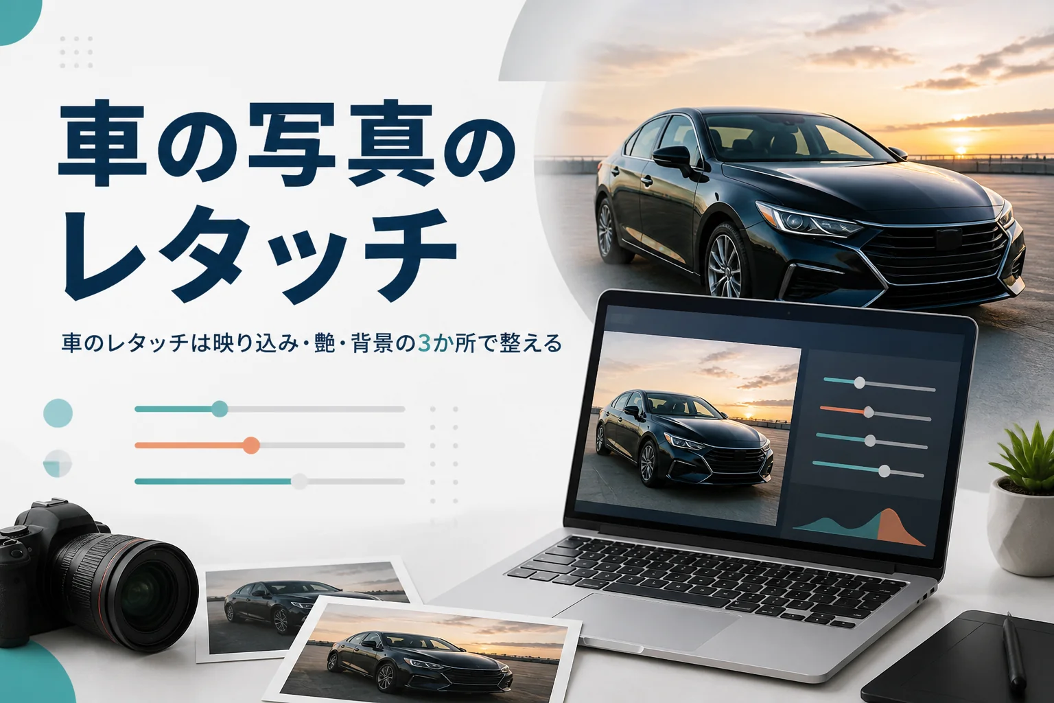 車の写真のレタッチを紹介する記事のアイキャッチ。つややかなボディの車と、写真を調整しているノートパソコン