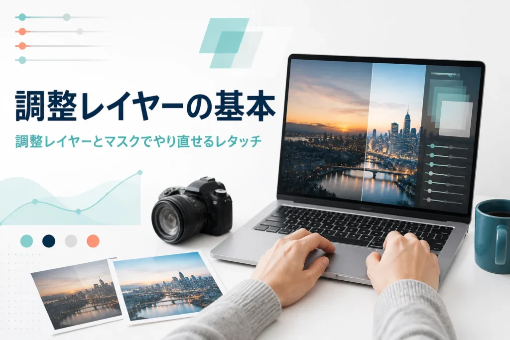 調整レイヤーとレイヤーマスクを紹介する記事のアイキャッチ。ノートパソコンで写真の明るさを整えている手元