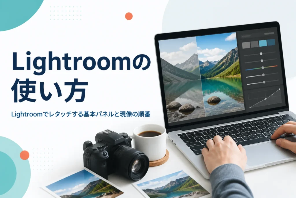 Lightroomでレタッチする方法を紹介する記事のアイキャッチ。ノートパソコンで風景写真を現像している手元