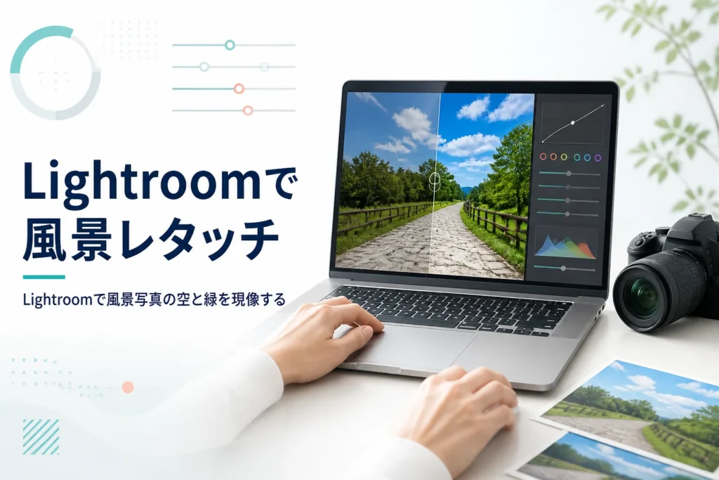 Lightroomで風景写真をレタッチする記事のアイキャッチ。空と森と道の写真をノートパソコンで現像している机の上