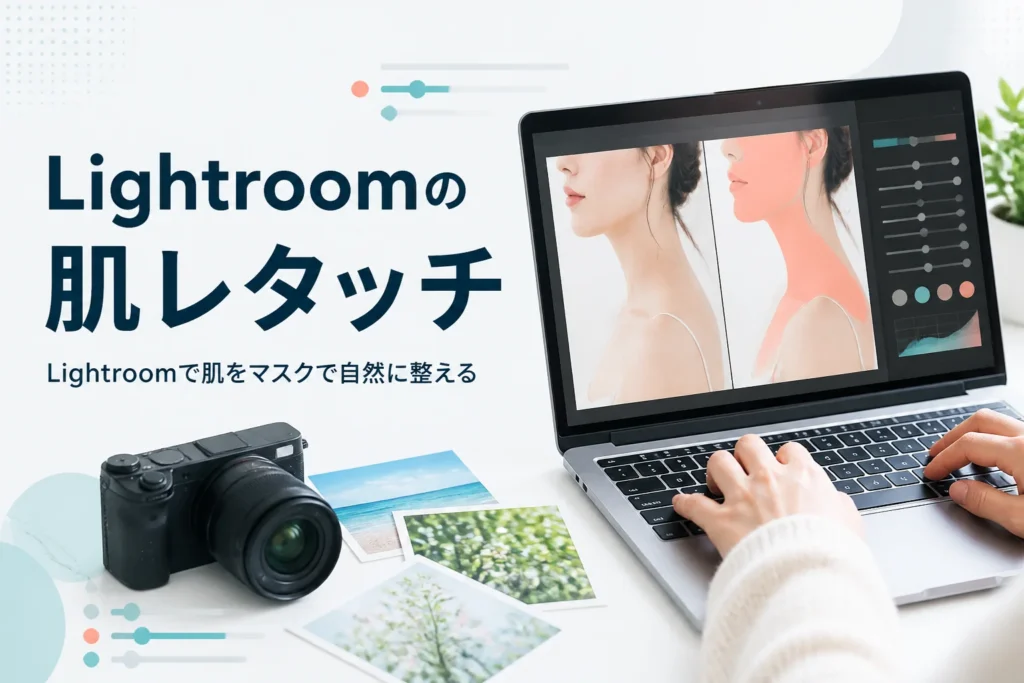 Lightroomで肌をレタッチする方法を紹介する記事のアイキャッチ。ノートパソコンで人物写真の肌をマスクで整えている手元