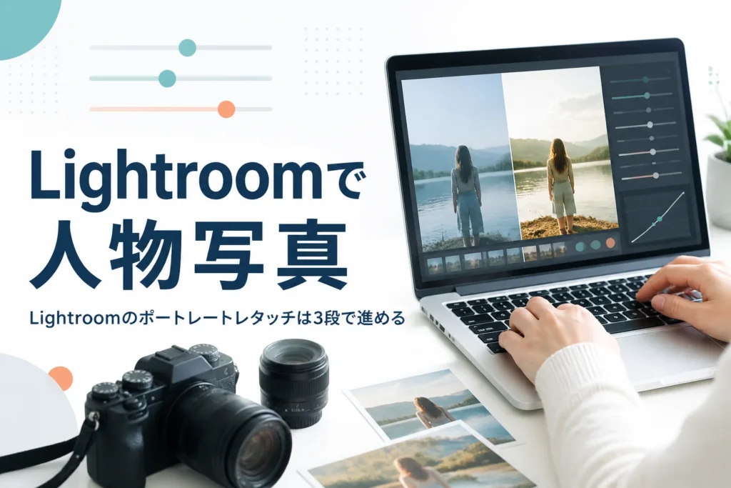 Lightroomでポートレートをレタッチする方法を紹介する記事のアイキャッチ。ノートパソコンで人物写真を現像している手元