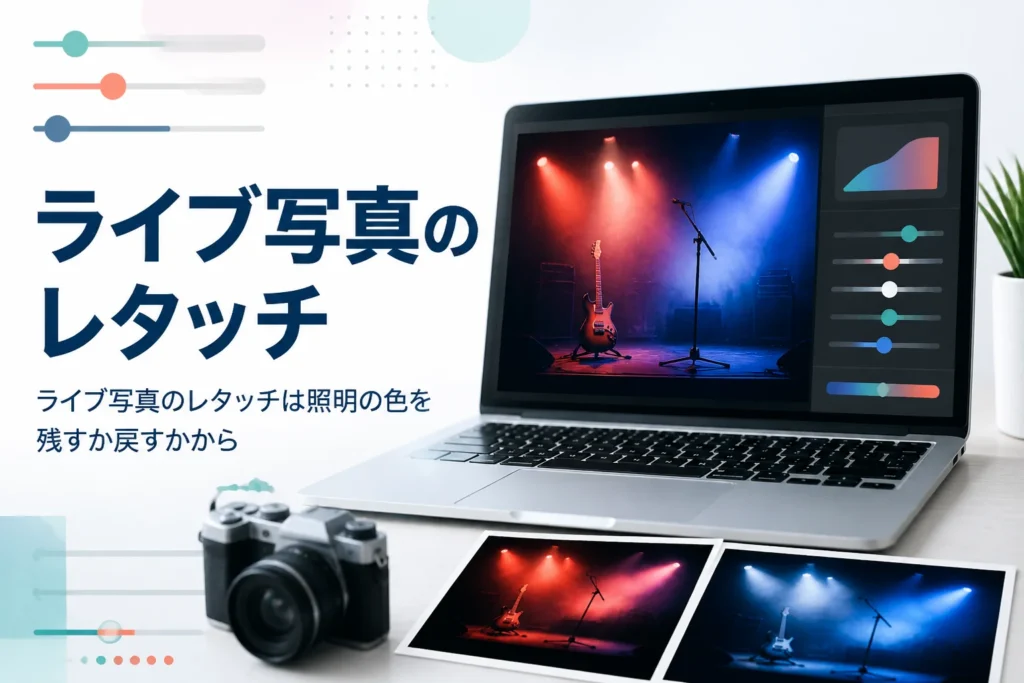 ライブ写真のレタッチを紹介する記事のアイキャッチ。色のついた照明のステージと、写真を調整しているノートパソコン