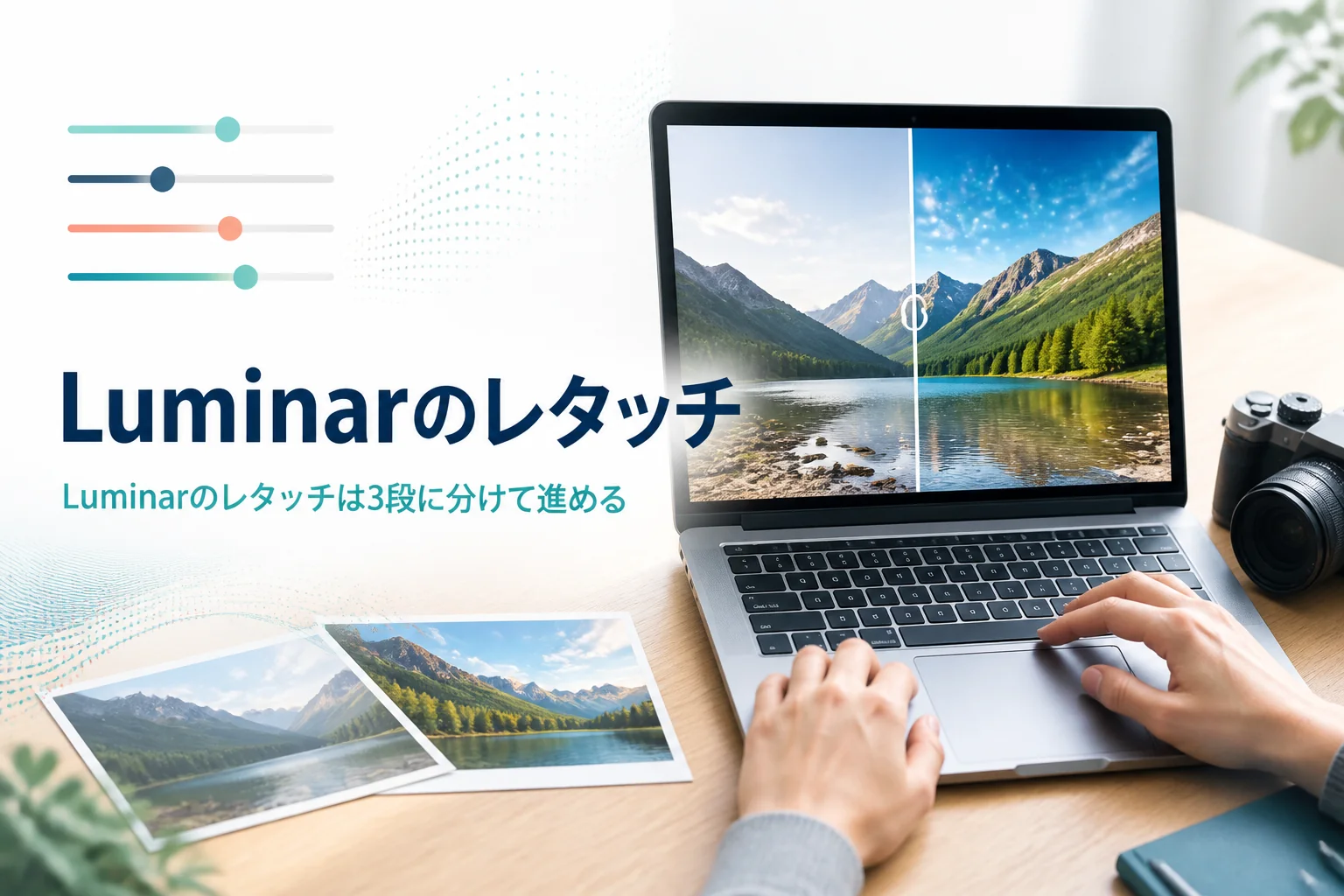 Luminarでレタッチする方法を紹介する記事のアイキャッチ。風景写真を表示したノートパソコンとカメラ
