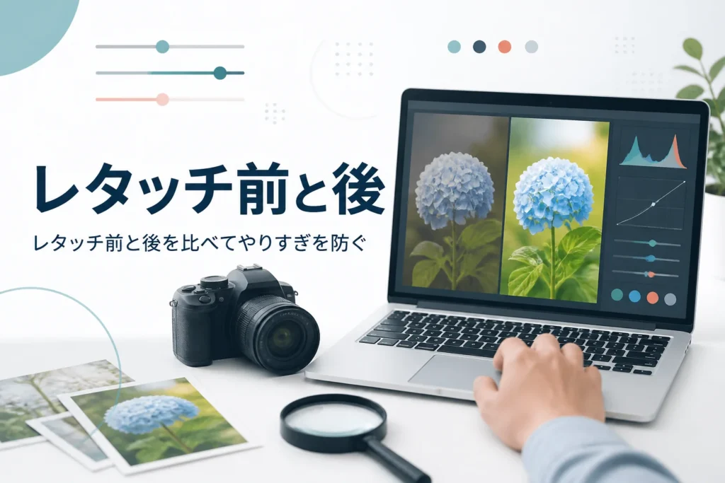 レタッチ前と後の比べ方を紹介する記事のアイキャッチ。補正前と補正後の花の写真を並べて見比べているパソコン画面