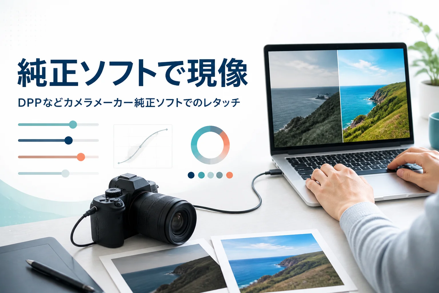 カメラメーカー純正ソフトでのレタッチを紹介する記事のアイキャッチ。一眼カメラとつながったノートパソコンで写真を現像している手元