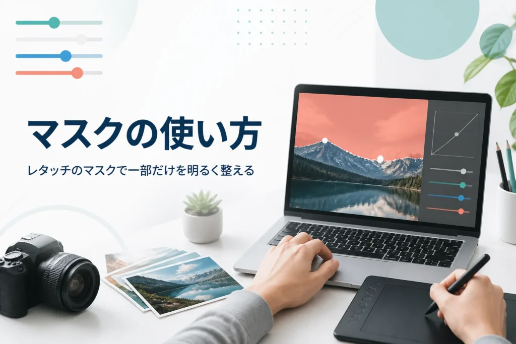 レタッチのマスクの使い方を紹介する記事のアイキャッチ。風景写真の空の部分だけを選んでいる画面