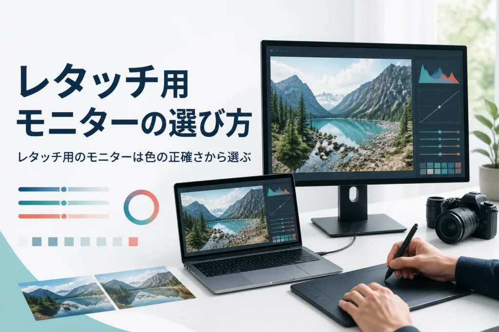 レタッチ用のモニターとパソコンの選び方を紹介する記事のアイキャッチ。外部モニターとノートパソコンで同じ写真を見比べている作業机