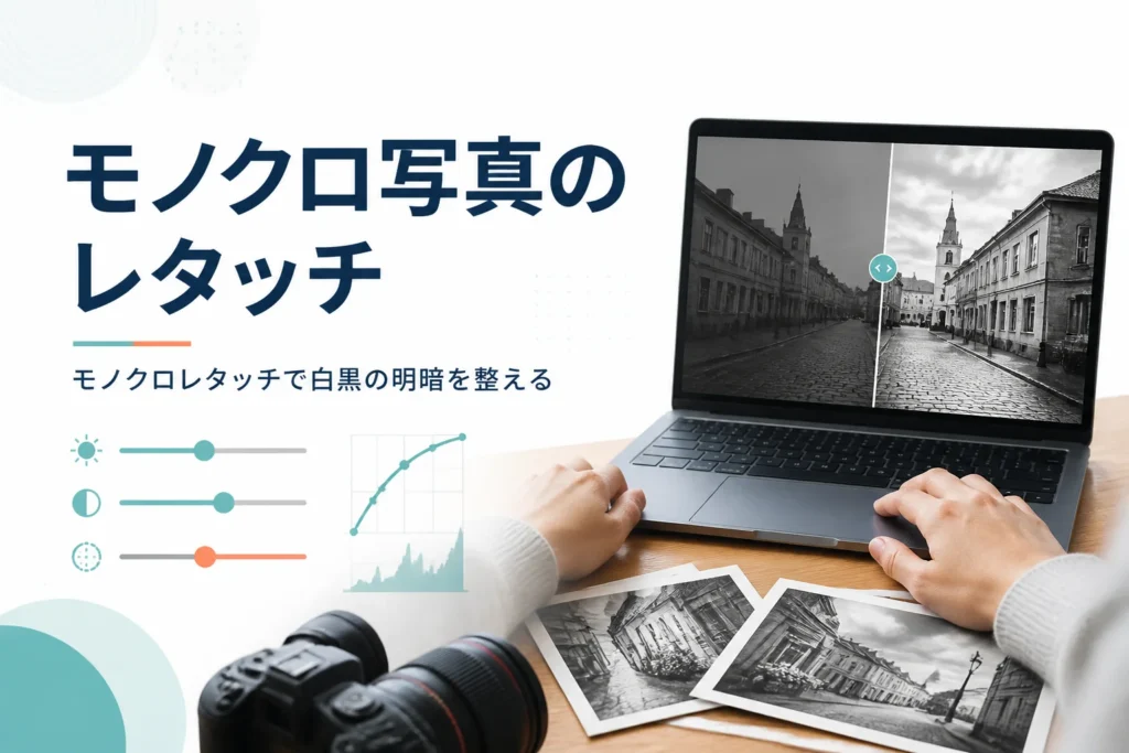 モノクロ写真のレタッチを紹介する記事のアイキャッチ。白黒写真を表示したノートパソコンとプリント