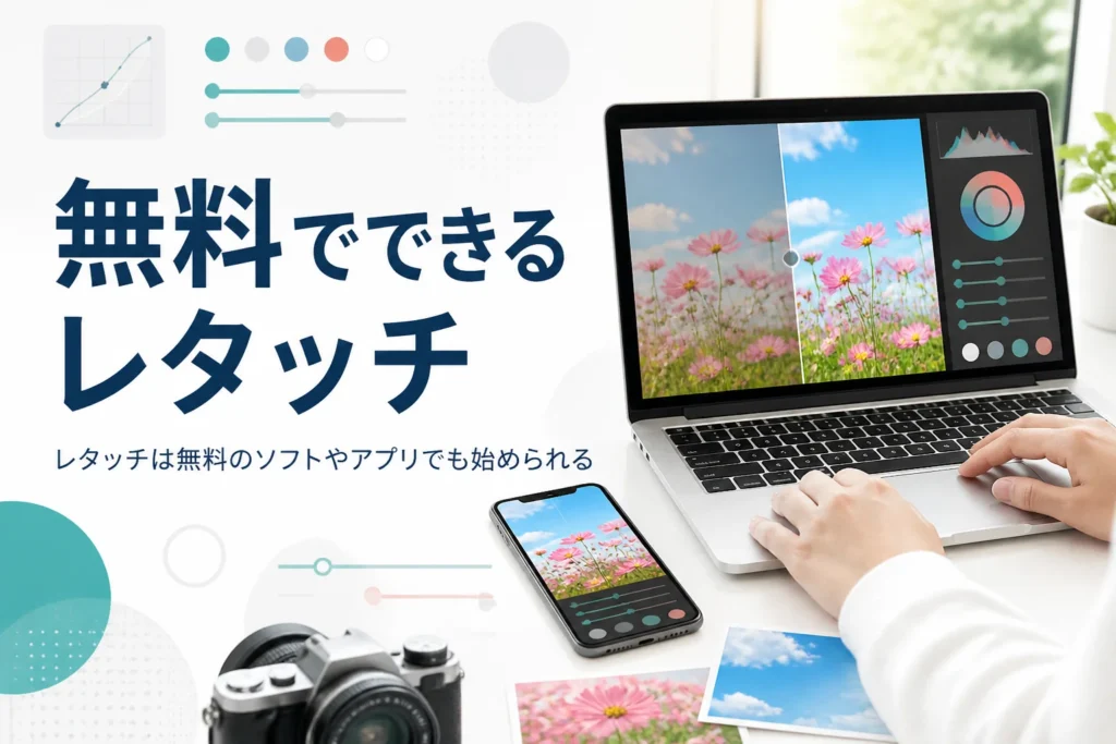 無料で使えるレタッチソフトとアプリを紹介する記事のアイキャッチ。パソコンとスマホで写真を整えている机の上