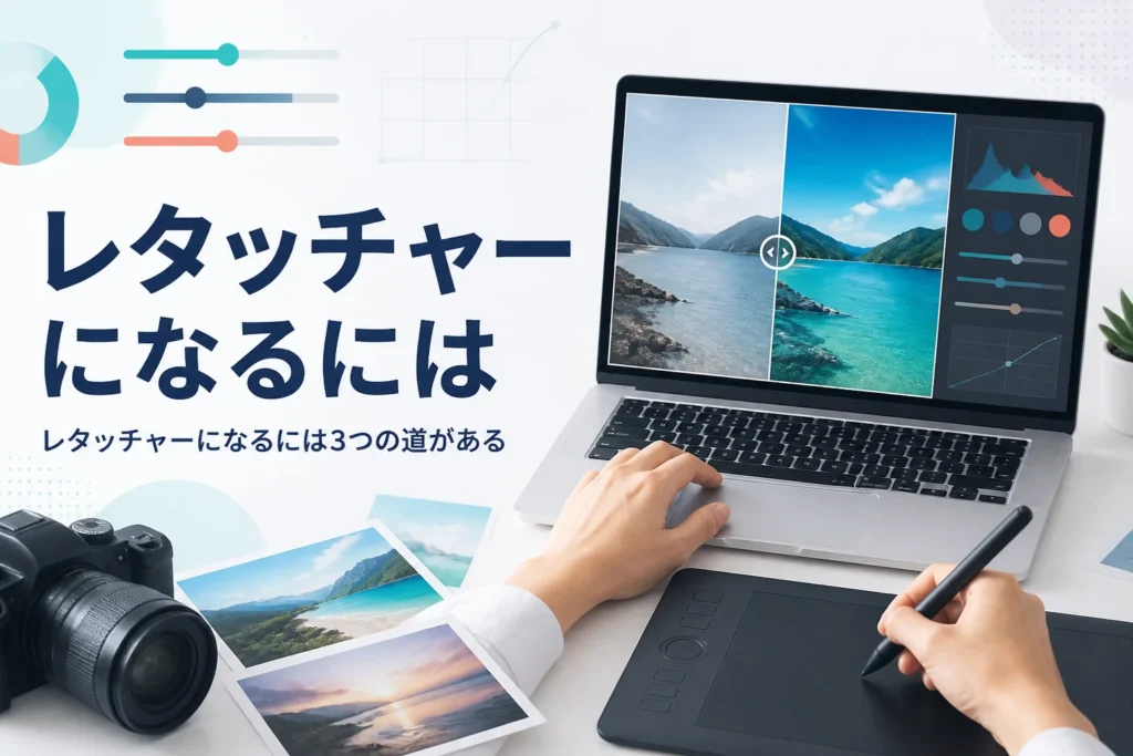 レタッチャーになるにはを紹介する記事のアイキャッチ。ノートパソコンで写真を仕上げている手元とカメラ