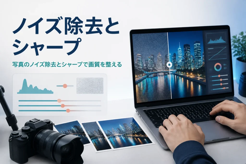 写真のノイズ除去とシャープを紹介する記事のアイキャッチ。夜景の写真を拡大して確かめている手元