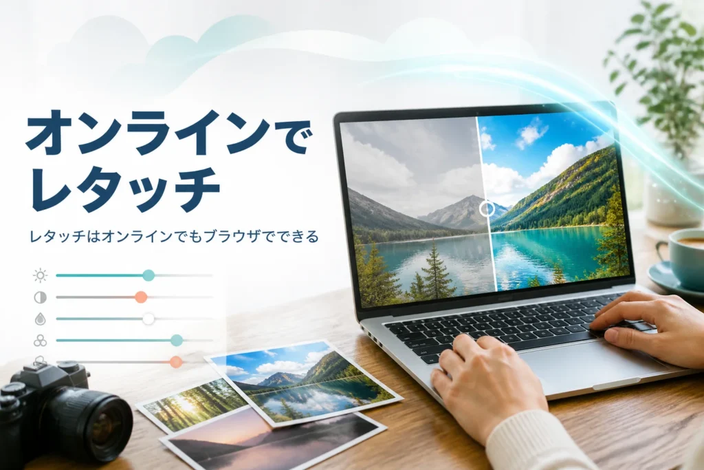 オンラインでできるレタッチを紹介する記事のアイキャッチ。写真を表示したノートパソコンで作業している手元