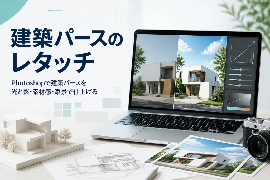 建築パースのレタッチを紹介する記事のアイキャッチ。住宅のパース画像を表示したノートパソコンと建築模型