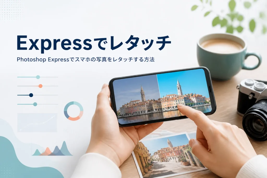 Photoshop Expressでレタッチする方法を紹介する記事のアイキャッチ。写真を表示したスマートフォンを操作する手元