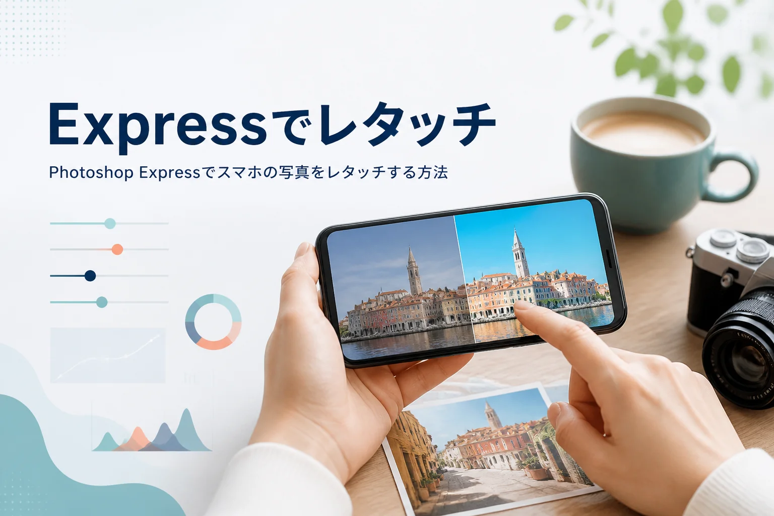 Photoshop Expressでレタッチする方法を紹介する記事のアイキャッチ。写真を表示したスマートフォンを操作する手元