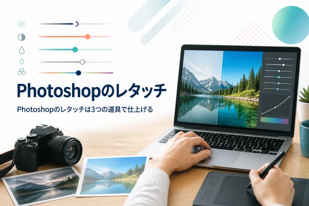 Photoshopのレタッチを紹介する記事のアイキャッチ。ノートパソコンで写真の色を整えている手元