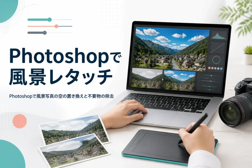 Photoshopで風景写真をレタッチする記事のアイキャッチ。山あいの町並みの写真をペンタブレットで整えている机の上