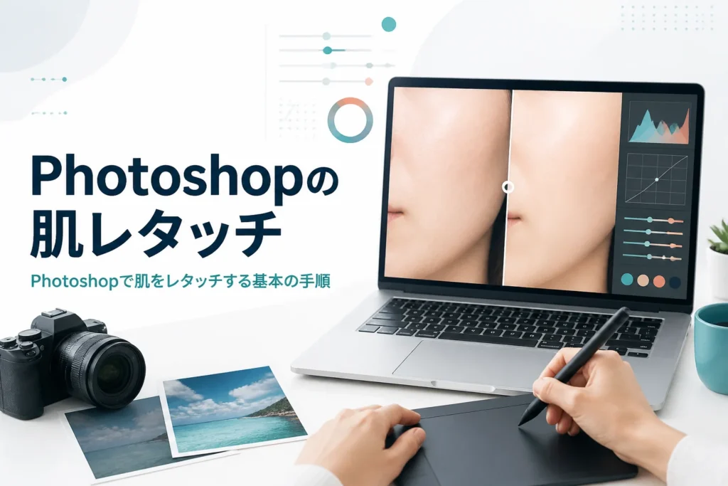 Photoshopで肌をレタッチする方法を紹介する記事のアイキャッチ。ペンタブレットで人物写真の肌を拡大して整えている手元