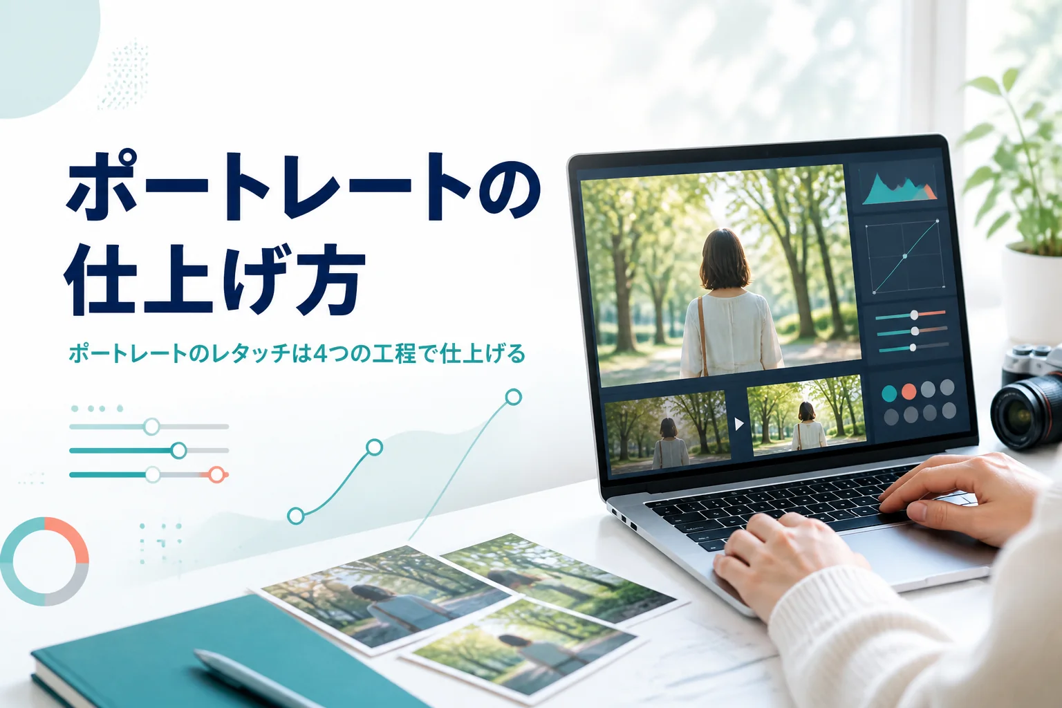ポートレートのレタッチの手順を紹介する記事のアイキャッチ。窓辺の机でカメラとノートパソコンを使って人物写真を仕上げている様子