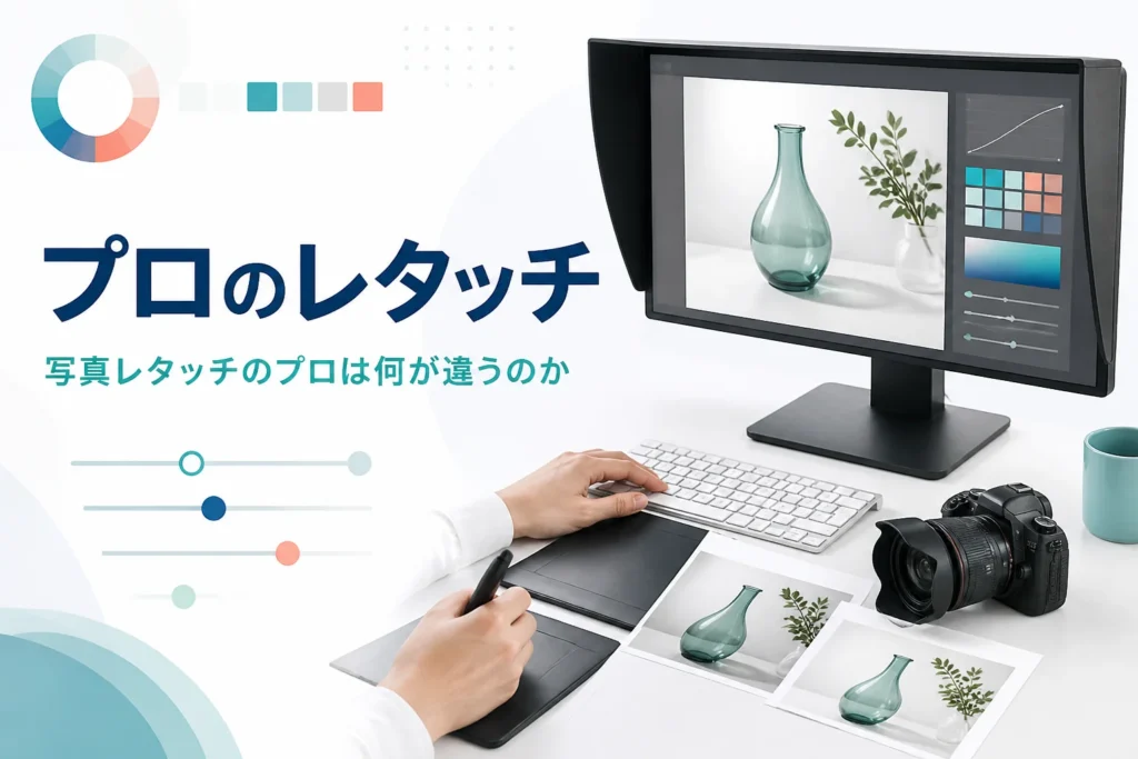 プロの写真レタッチを紹介する記事のアイキャッチ。色を合わせたモニターで写真を仕上げている作業机