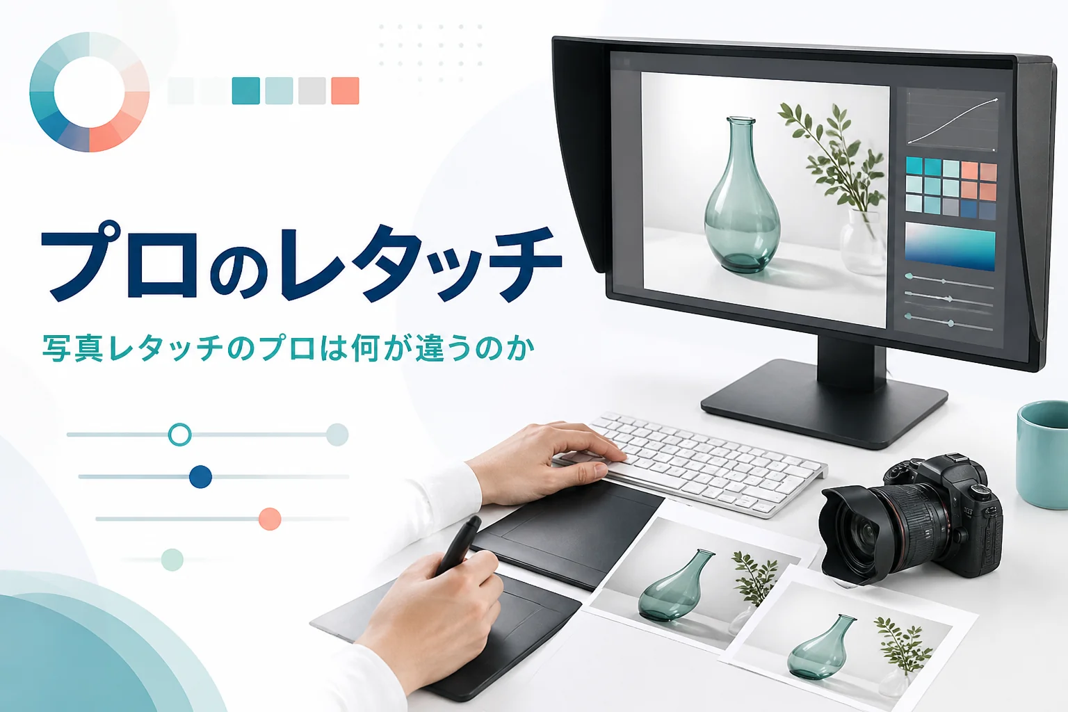 プロの写真レタッチを紹介する記事のアイキャッチ。色を合わせたモニターで写真を仕上げている作業机