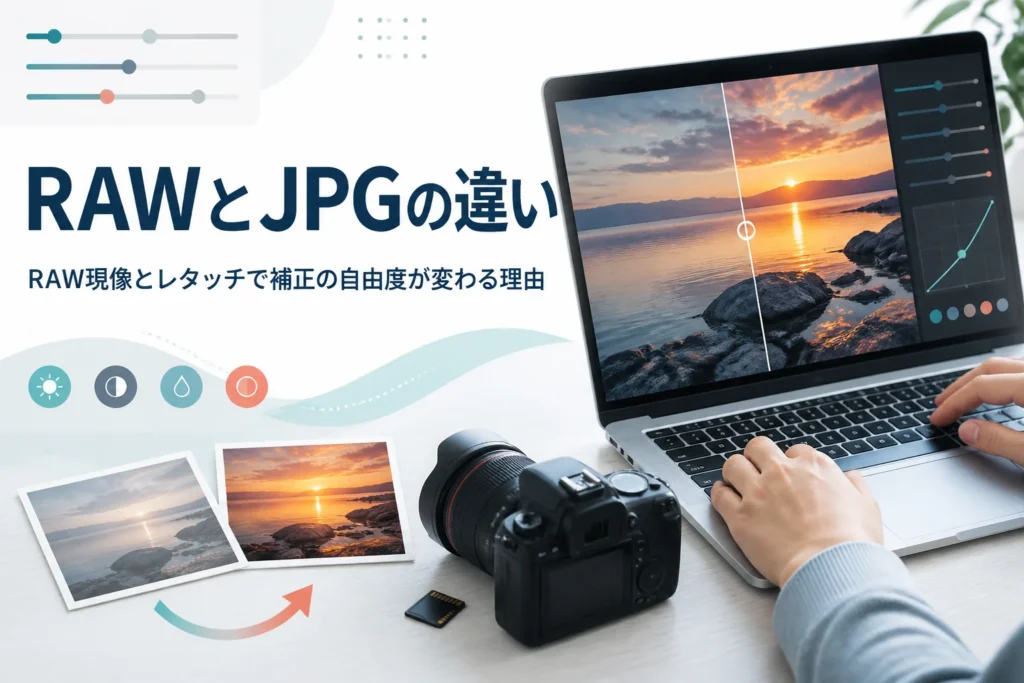 RAW現像とレタッチを紹介する記事のアイキャッチ。一眼カメラとノートパソコンに表示された夕焼けの写真