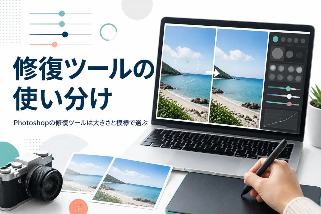 Photoshopの修復ツールの使い分けを紹介する記事のアイキャッチ。ペンタブレットで風景写真のゴミを消している手元