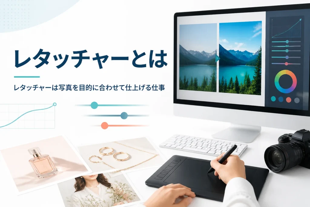 レタッチャーとはを紹介する記事のアイキャッチ。モニターとペンタブレットで写真を仕上げている手元
