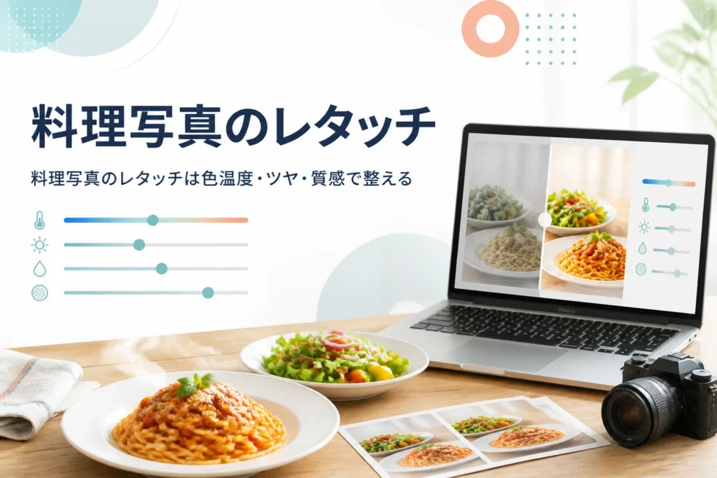 料理写真のレタッチを紹介する記事のアイキャッチ。湯気の立つ料理と、写真を調整しているノートパソコン
