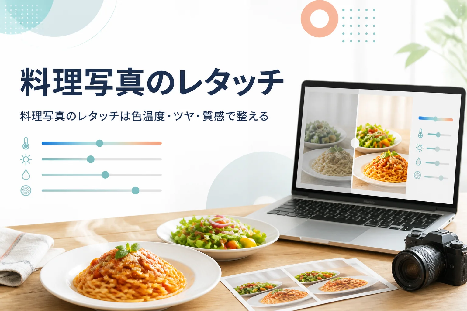 料理写真のレタッチを紹介する記事のアイキャッチ。湯気の立つ料理と、写真を調整しているノートパソコン