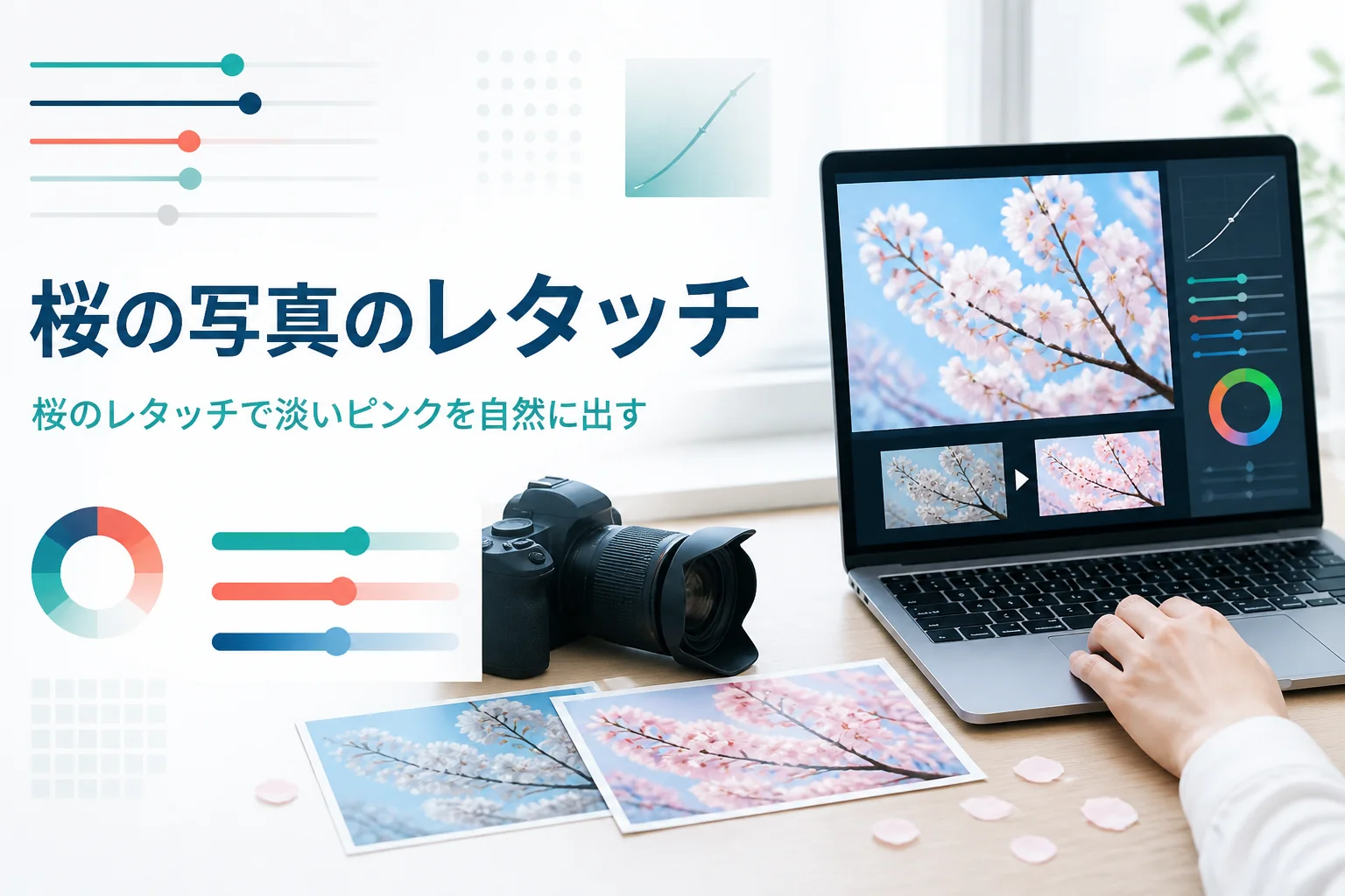 桜の写真のレタッチを紹介する記事のアイキャッチ。満開の桜の写真をノートパソコンで整えている机の上