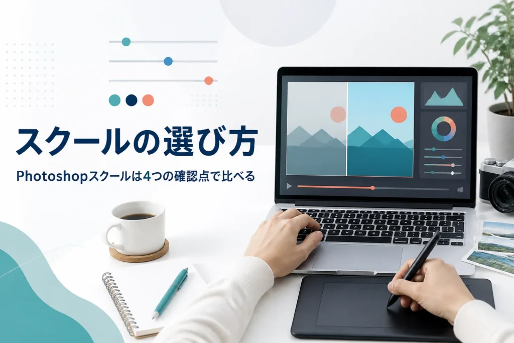 Photoshopが学べるスクールの選び方を紹介する記事のアイキャッチ。自宅でオンライン講座を受けている机の上