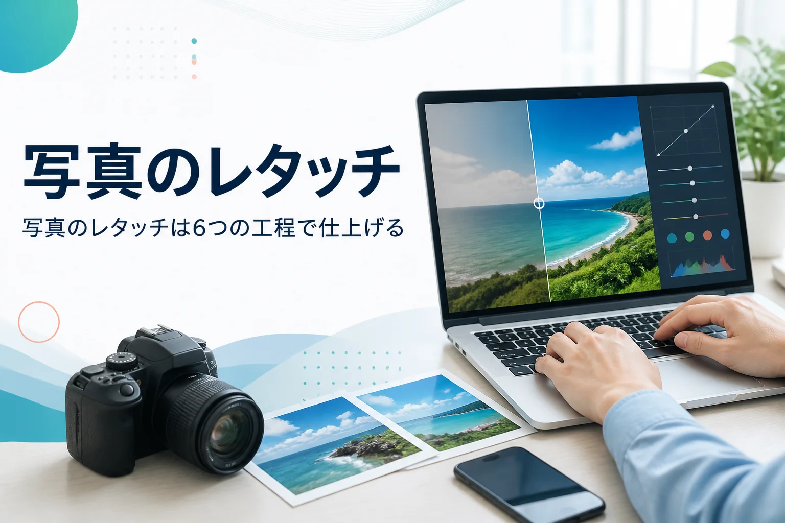 写真のレタッチのやり方を紹介する記事のアイキャッチ。風景写真を表示したパソコンとカメラが置かれた机