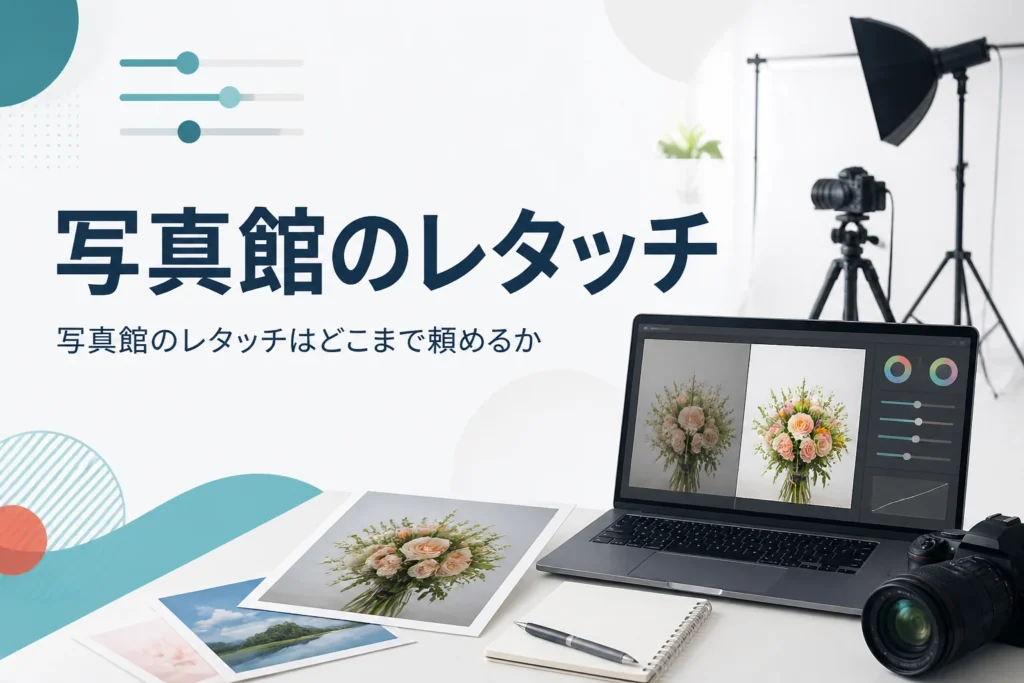 写真館のレタッチの頼み方を紹介する記事のアイキャッチ。写真スタジオの照明とカメラ、机の上の記念写真のプリント