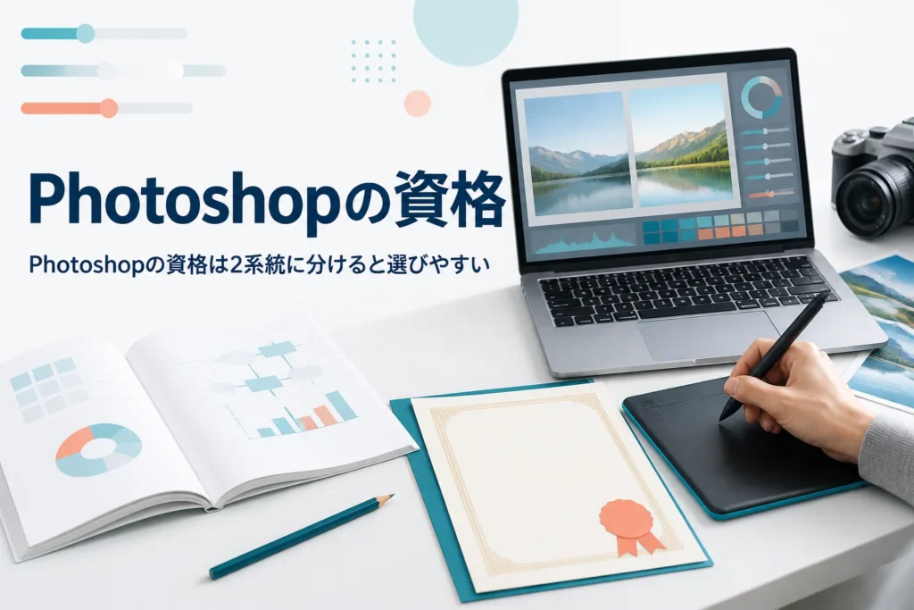 Photoshopの資格を紹介する記事のアイキャッチ。ノートパソコンと問題集で資格の勉強をしている机の上
