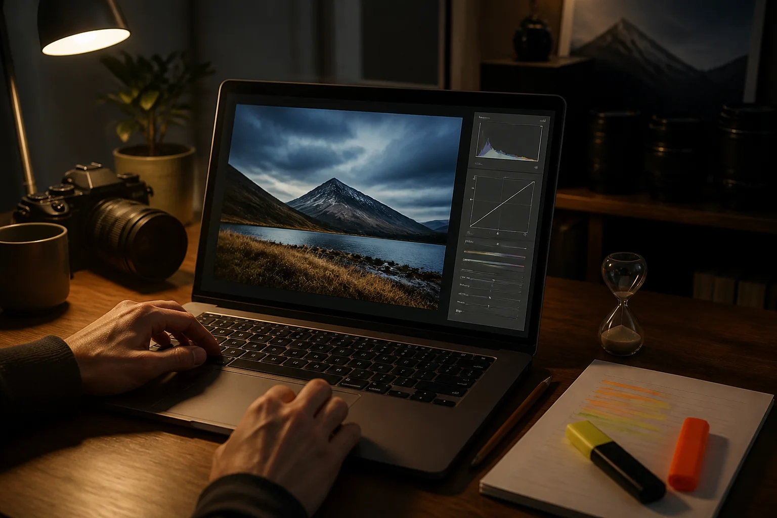 ノートパソコンで写真を仕上げながら、出題範囲のメモに印をつけて資格の勉強をしている机の上の写真