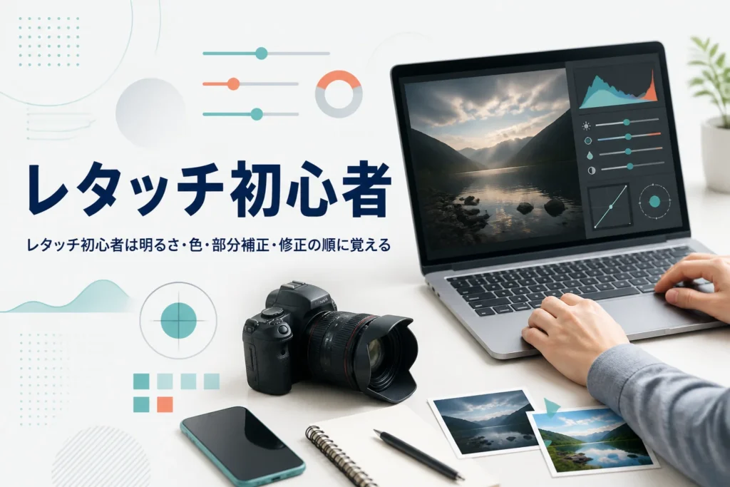 レタッチ初心者が最初に覚えることを紹介する記事のアイキャッチ。ノートパソコンで風景写真を整え始める手元