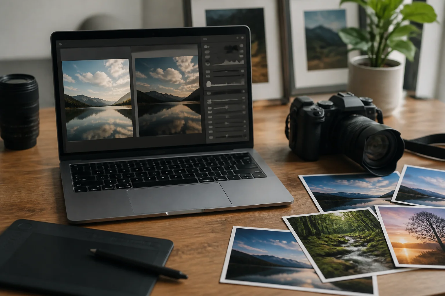 練習用の写真を並べて見比べながら、ノートパソコンで仕上げ直している机の上の写真