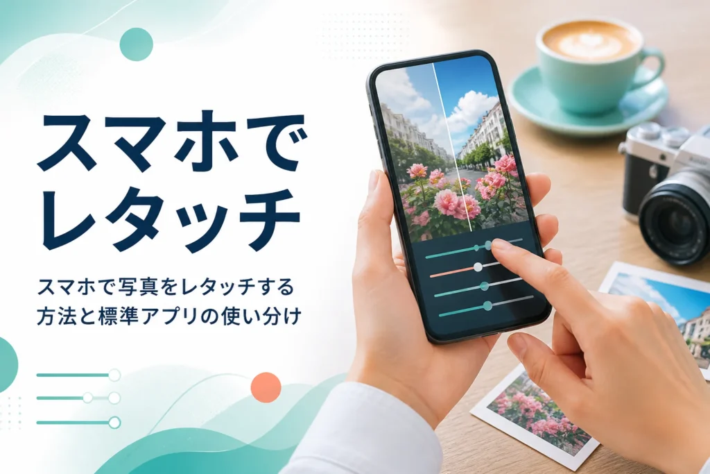 スマホで写真をレタッチする方法を紹介する記事のアイキャッチ。写真を表示したスマートフォンを操作する手元
