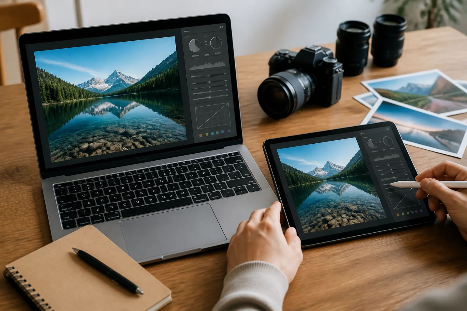 ノートパソコンとタブレットを並べ、同じ風景写真を2つのレタッチソフトで見比べている机の上