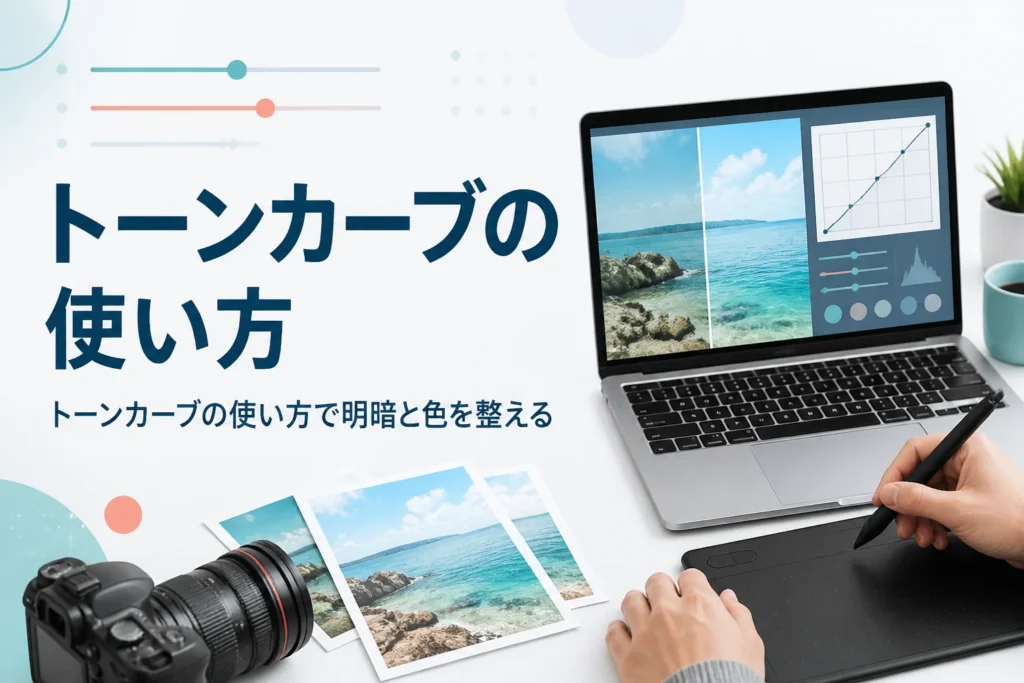トーンカーブの使い方を紹介する記事のアイキャッチ。S字の曲線を見ながら風景写真を整えている手元