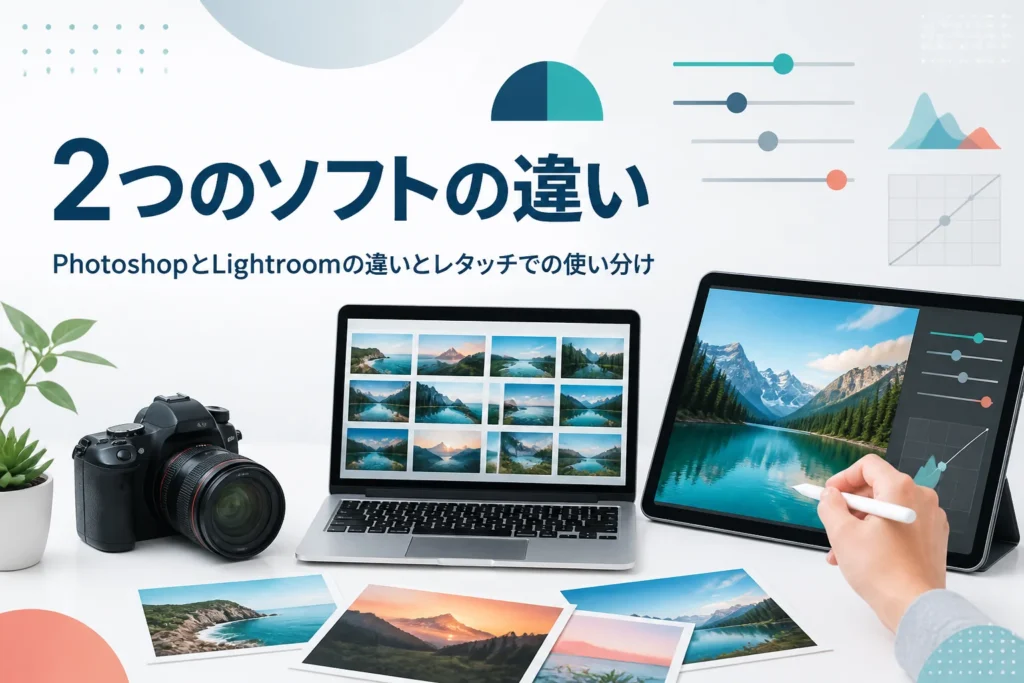 PhotoshopとLightroomの違いを紹介する記事のアイキャッチ。たくさんの写真を並べた画面と1枚の写真を表示した画面